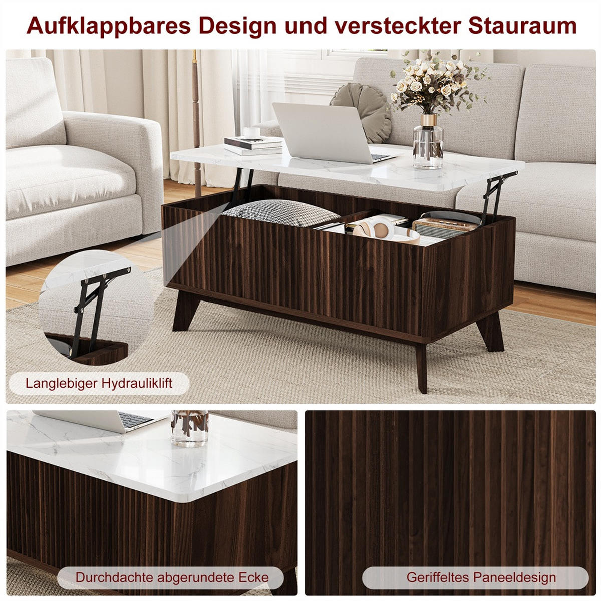 COUCHTISCH in weißer Marmoroptik - Couchtisch Rechteckig mit Lift-Funktion Stauraum und Holzbeinen - Walnuss - Walnussfarben, Holzwerkstoff (53/105/42cm) - DELFA
