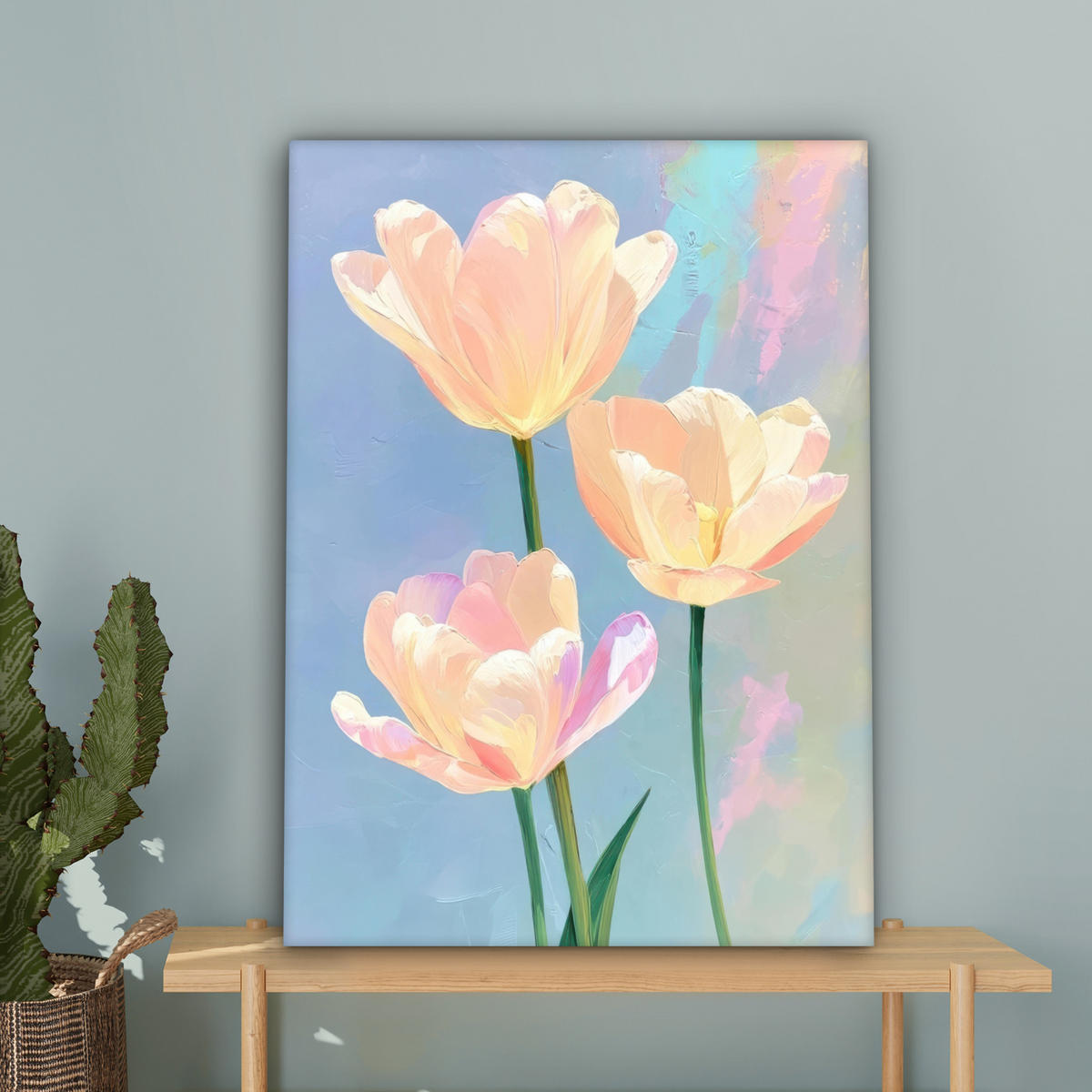 LEINWANDBILD Tulpen - Rosa Akzente - Blau Wandbild Wohnzimmer 60x80 cm - Pastellblau, Textil (60/80cm) - MuchoWow