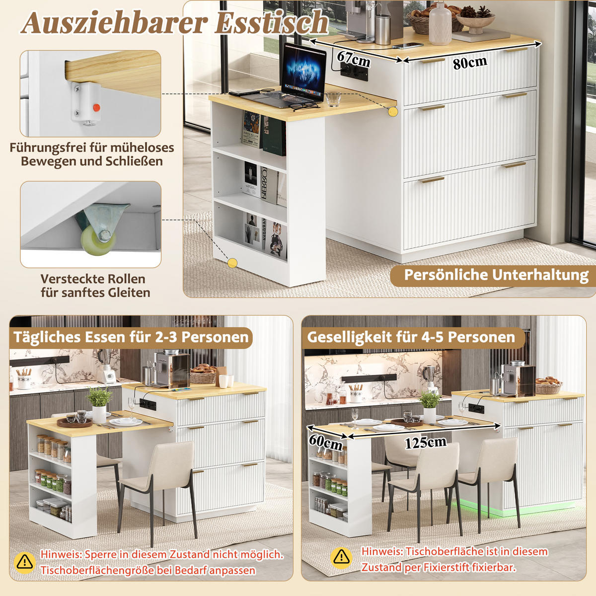KÜCHENINSEL ausziehbar 127,5-205/67/92 cm mit LED DE-39579 Weiß - Weiß, Holzwerkstoff (67/92/127.5cm) - ComfortXL