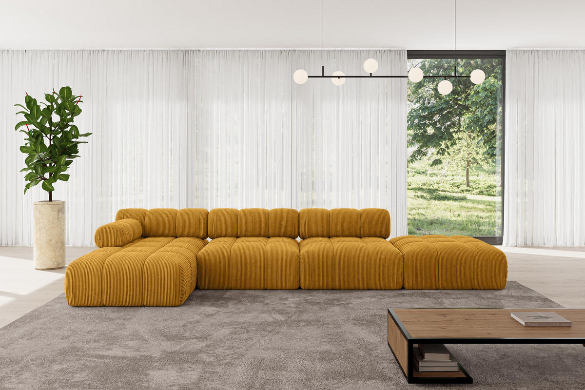 ECKSOFA modulares Sofa Lizur-L2 - 380x160x70 cm Senfgelb Cord - Currygelb, Holzwerkstoff/Textil (380/160cm) - ALTDECOR