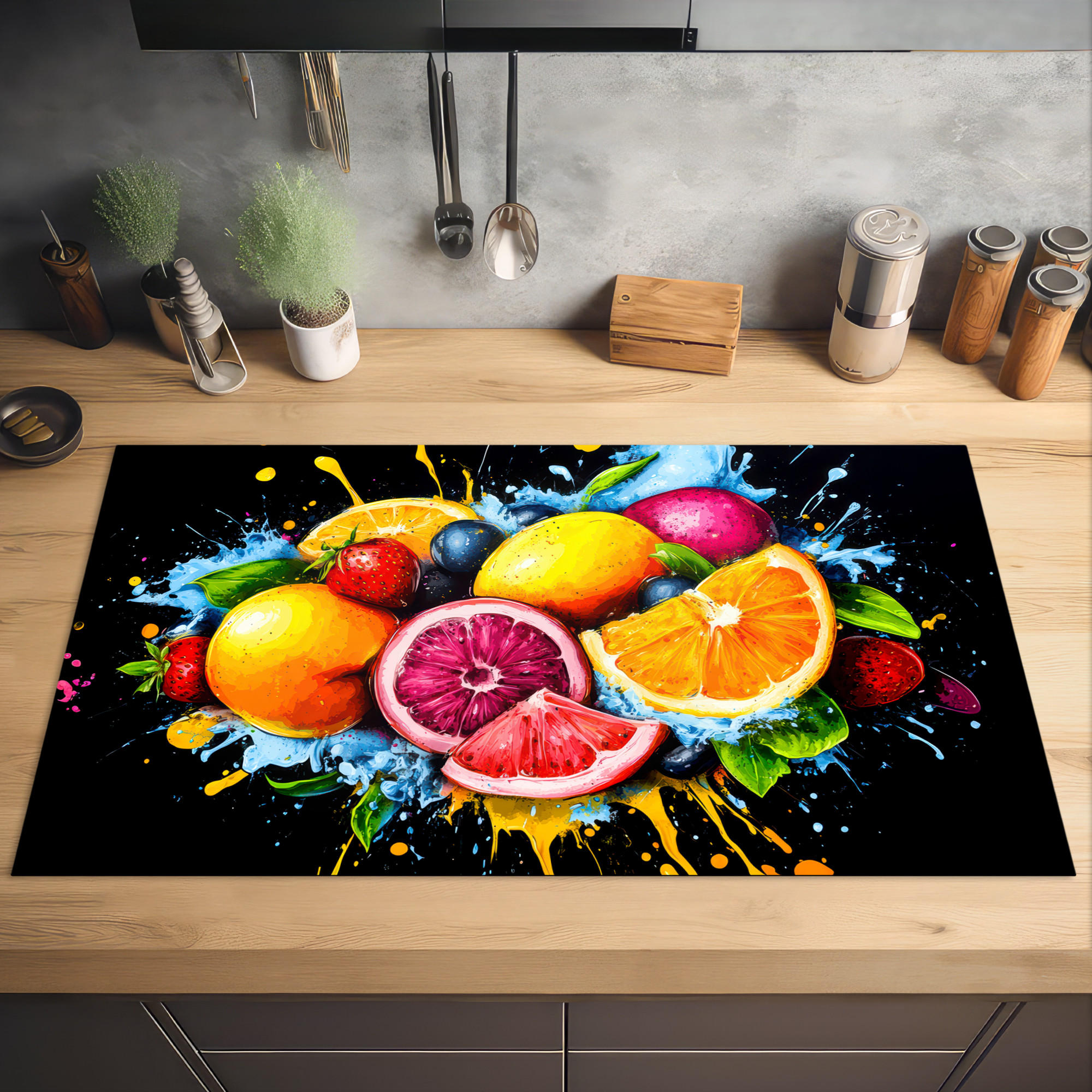 HERDABDECKPLATTE Obst - Graffiti - Bunt - Orange - Erdbeere - Abstrakt 91x52 cm - Orange, Kunststoff (91.2/0.2/52cm) - MuchoWow