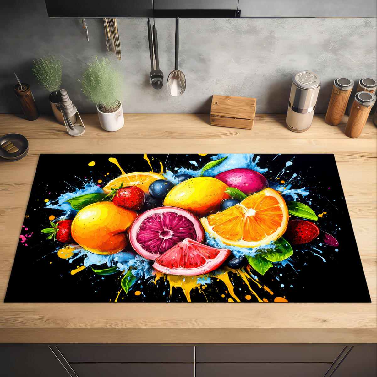 HERDABDECKPLATTE Obst - Graffiti - Bunt - Orange - Erdbeere - Abstrakt 91x52 cm - Orange, Kunststoff (91.2/0.2/52cm) - MuchoWow