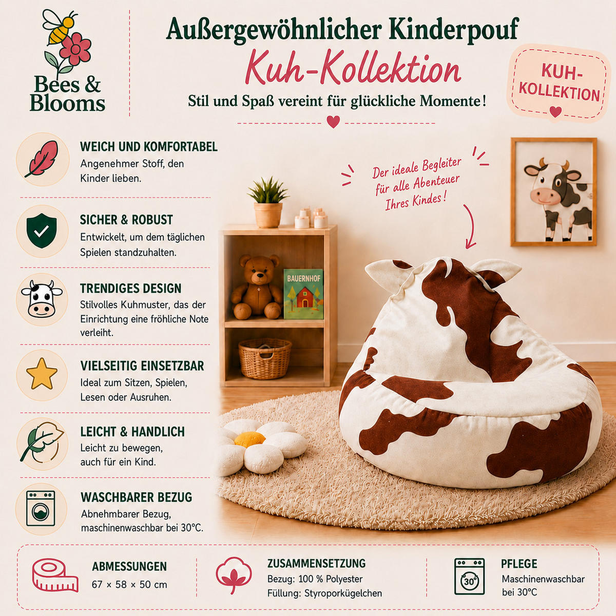 KINDER-SITZSACK Kuh mit Ohren – weicher Sitzsessel zum Spielen und Entspannen - Braun, Textil (58/50/67cm) - Bees & Blooms