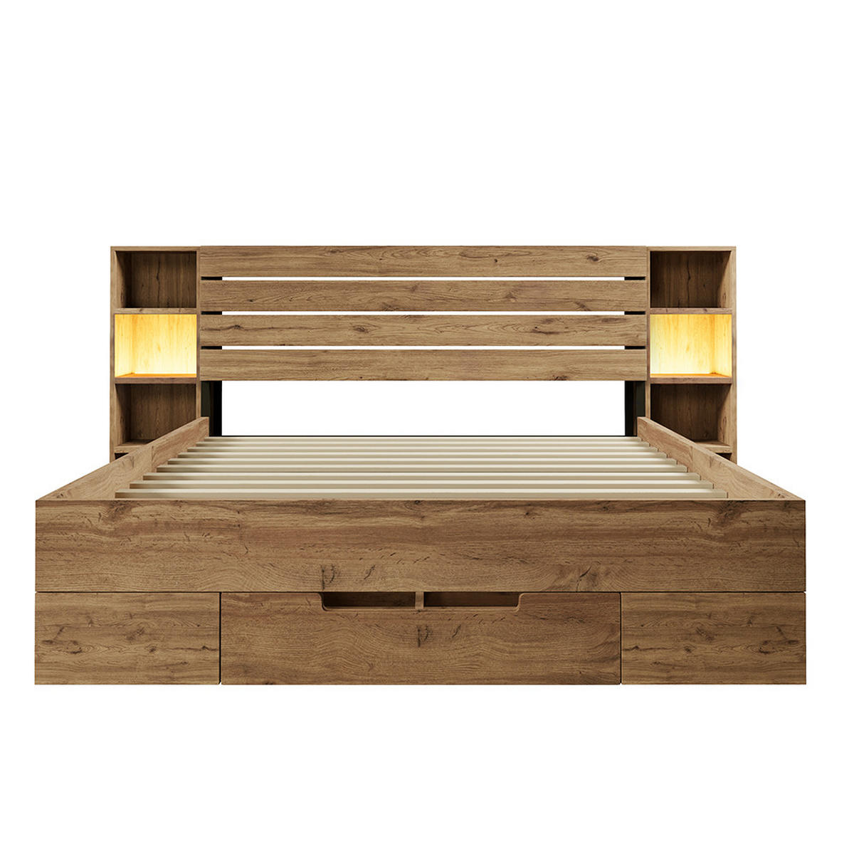 DOPPELBETT 180×200 cm mit LED-Beleuchtung und USB C in Eiche - Wildeiche, Holz (180/200cm) - KOMHTOM