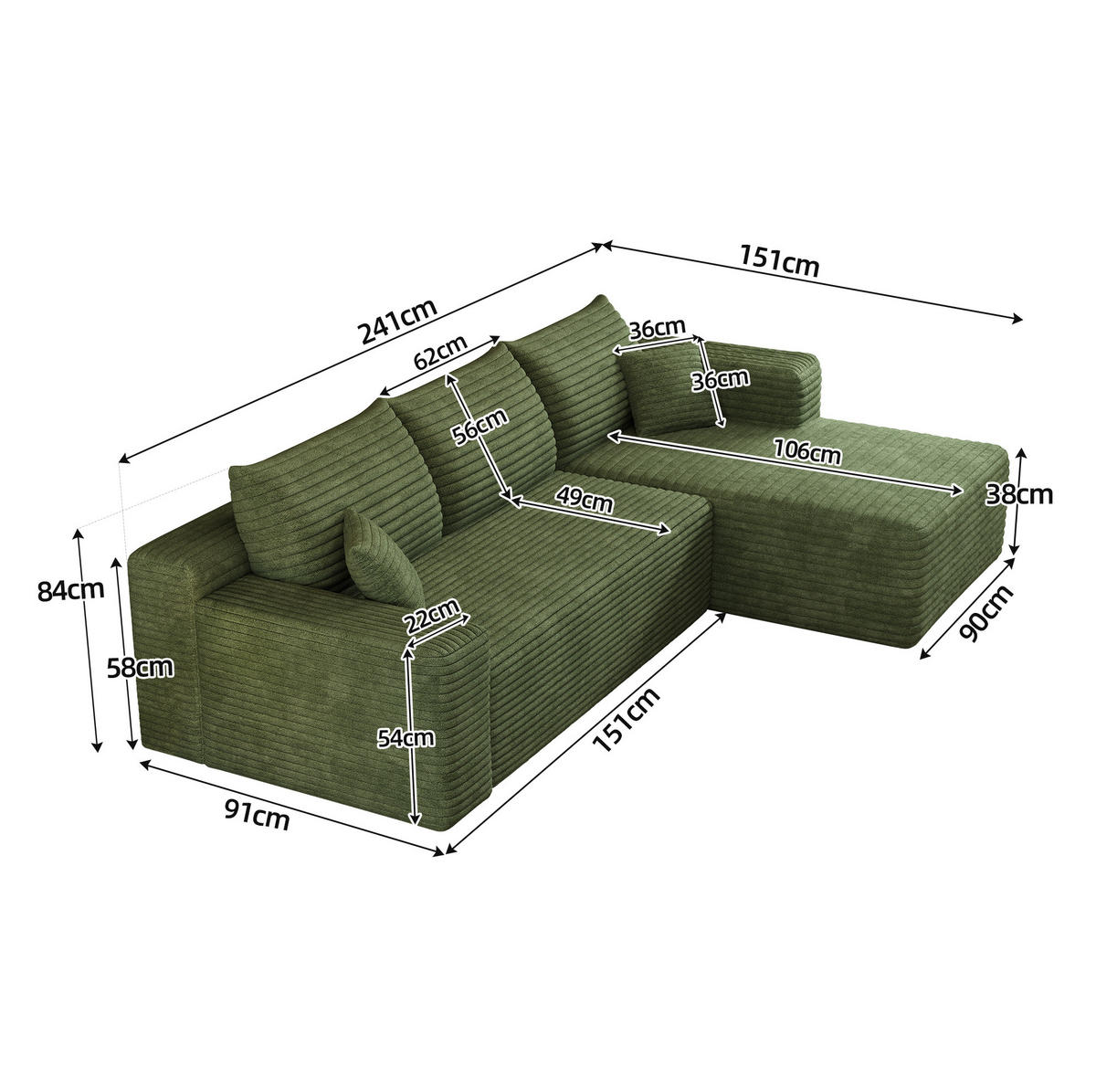ECKSOFA 241 cm aus Stoff mit Cordbezug und Chaise Lounge Grün - Grün, Textil (151/241cm) - Modenvie