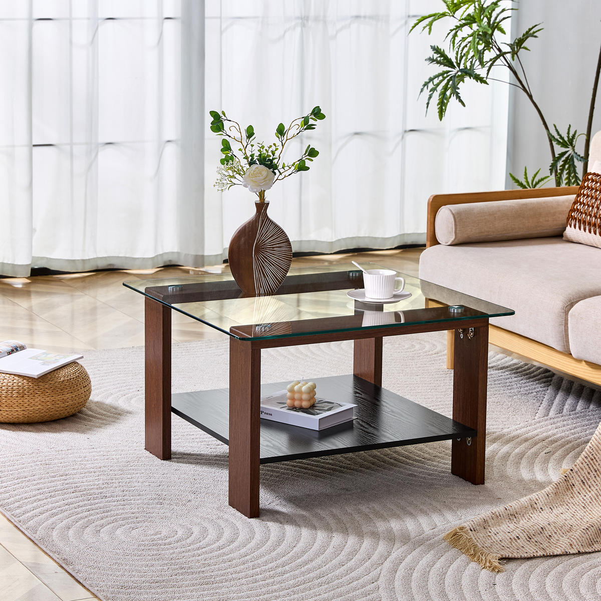 COUCHTISCH 75/75/45,5 cm walnussfarben aus MDF und Glas mit Ablage - Walnussfarben, Holzwerkstoff (75/75/45.5cm) - OKWISH