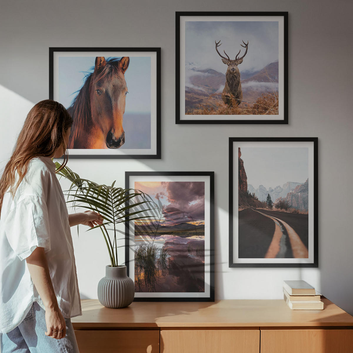 BILDER SET 4er Set - 50x50 cm & 40x60 cm Schwarzer Rahmen - Berglandschaften, Rentiere, Pferdestraße - Schwarz, Kunststoff (50/50cm) - TULUP