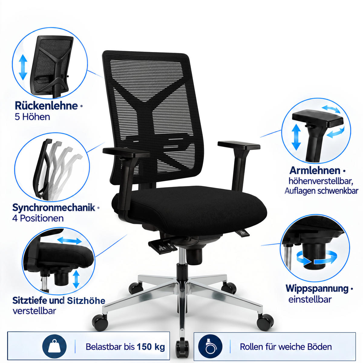 BÜROSTUHL V1801 Stoff/Mesh Schwarz - ergonomisch, 150 kg belastbar, Sitzhöhe 47-59cm - Schwarz, Kunststoff/Textil (65/105/65cm) - Versee