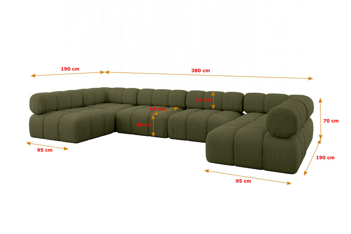 WOHNLANDSCHAFT modulares Sofa Garvo-U2 - 380x190x70 cm Grün Bouclé - Grün, Holzwerkstoff/Textil (380/70/190cm) - ALTDECOR