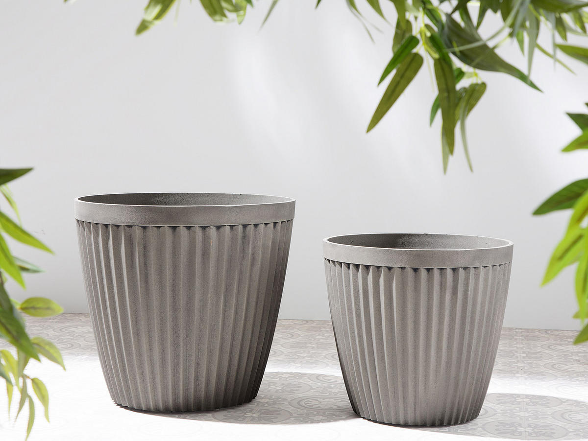 BLUMENTOPF 2er-Set taupe rund 36/36/33 cm Poka - Grau, Stein (33cm) - Beliani