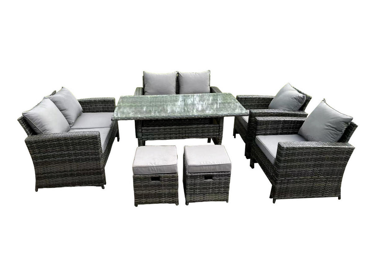 GARTENMÖBELGARNITUR mit Esstisch Polyrattan Dunkelgrau 8-Sitzer - Dunkelgrau/Grau, Glas/Kunststoff - Fimous