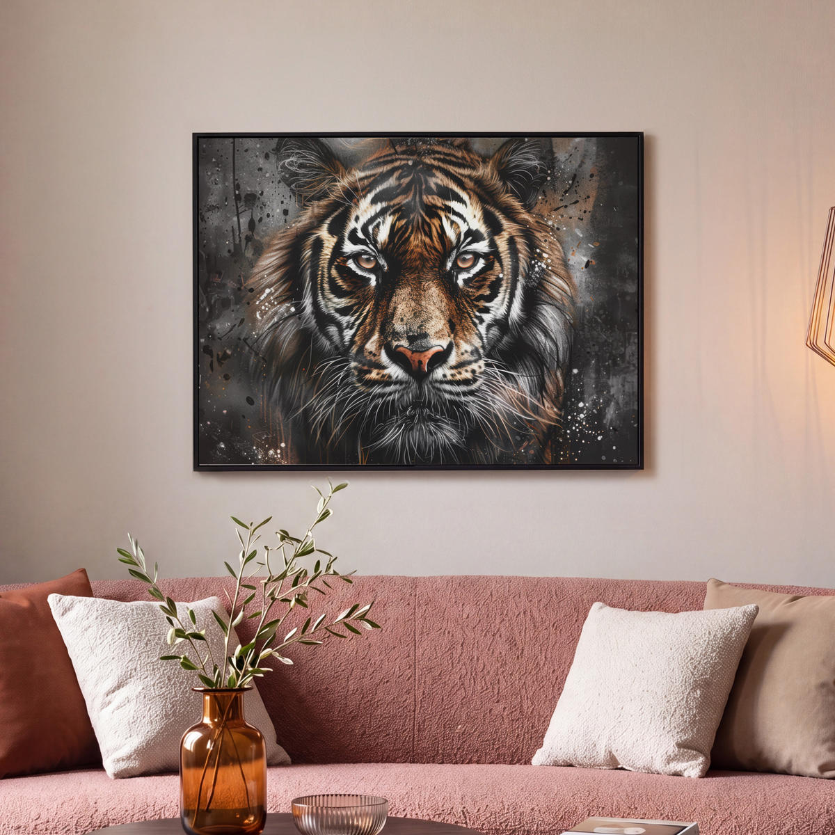 LEINWAND Bilder mit Rahmen - Tiger - Tiere - Porträt - Luxus - Schwarz - 70x50 - Braun, Textil (70/50cm) - MuchoWow