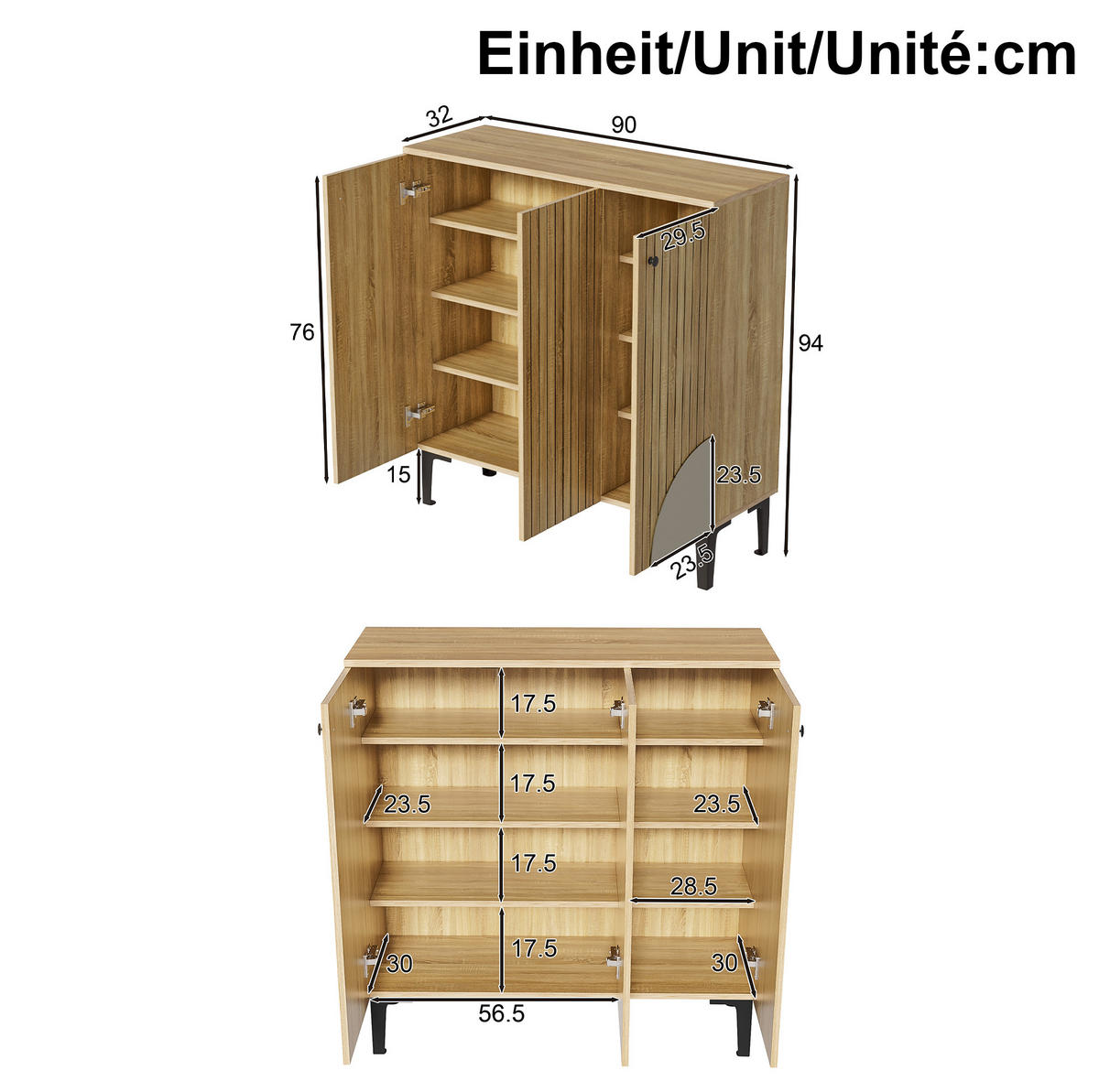 SCHUHSCHRANK 90/32/94 cm in Holzoptik mit 3 Türen und Ablage - Naturfarben, Holzwerkstoff (90/94/32cm) - Flora Grace