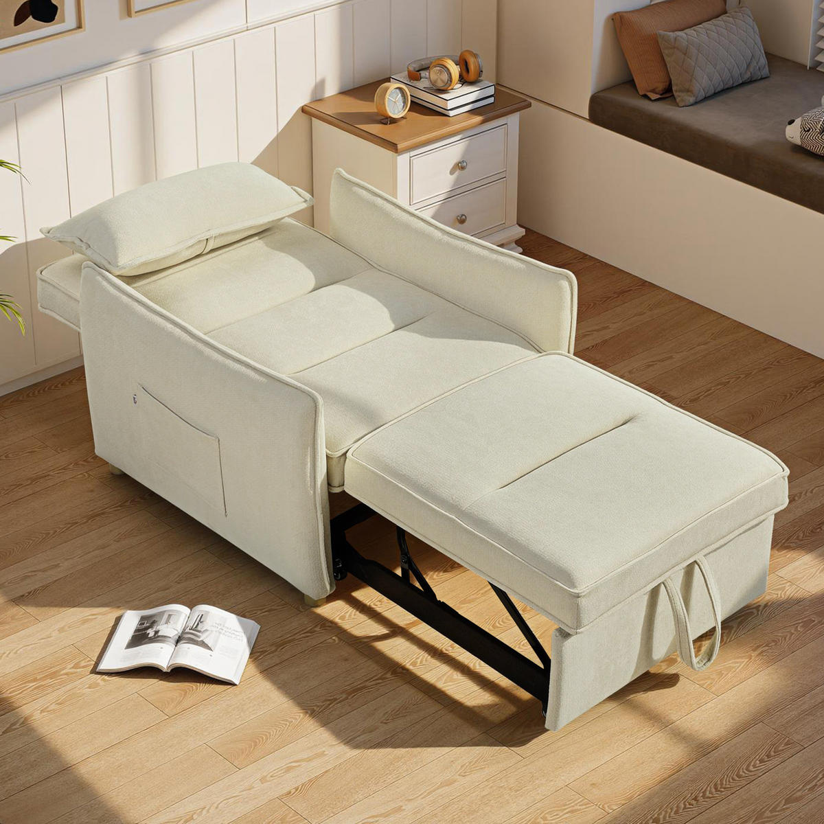 SCHLAFSESSEL 3-in-1 DE-08245 umwandelbar mit Bettfunktion & Lendenkissen Creme - Creme, Holzwerkstoff (88/87/84cm) - ComfortXL