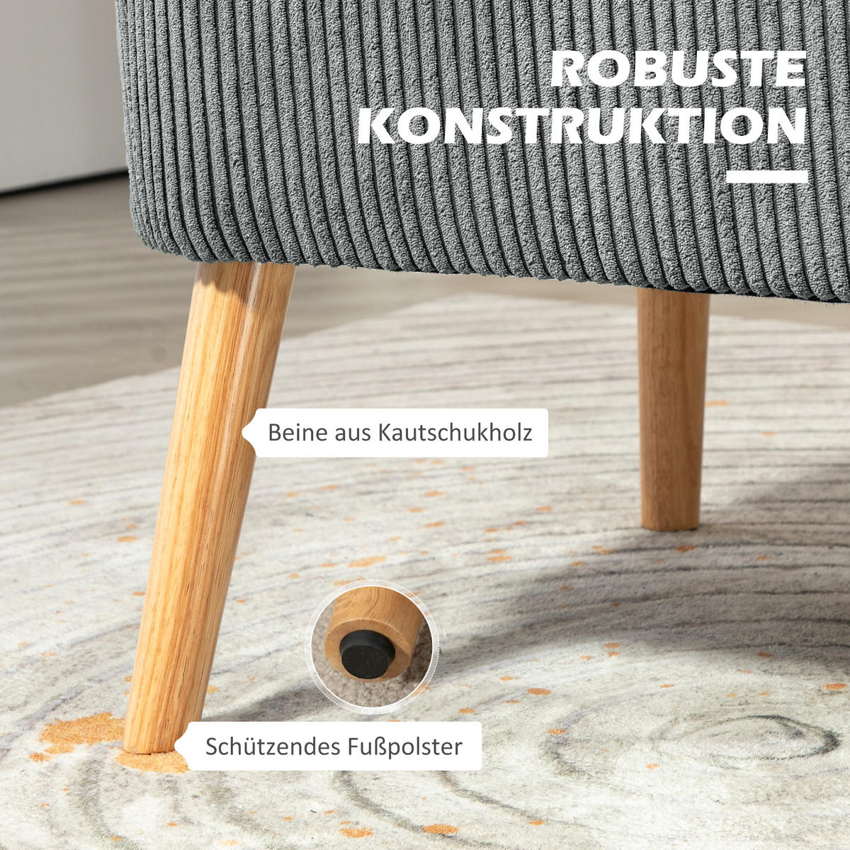 2 Sitzer Sofa, Gepolsterte Couch mit Kordoptik, Holzbeine für Wohnzimmer, Grau - Naturfarben/Grau, Holz/Textil (56.5/77/117cm) - HOMCOM