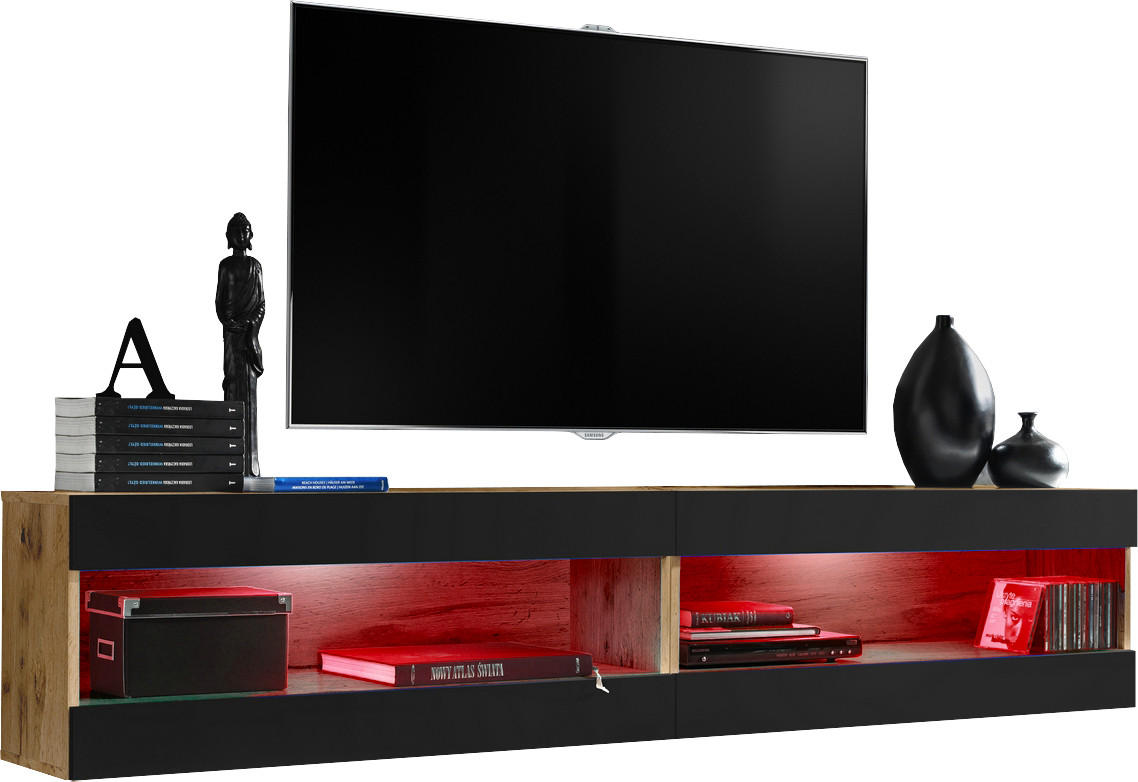 WOHNWAND 2-er Set, TIVOLI SET4 mit mehrfarbige LED RGB Beleuchtung Wotan + Schwarz, Offener Raum - Eiche Wotan/Schwarz, Glas/Holzwerkstoff (200/41/35cm) - Komodee