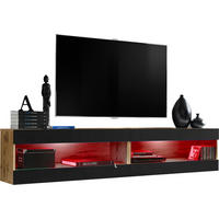 WOHNWAND 2-er Set, TIVOLI SET4 mit mehrfarbige LED RGB Beleuchtung Wotan + Schwarz, Offener Raum - Eiche Wotan/Schwarz, Glas/Holzwerkstoff (200/41/35cm) - Komodee