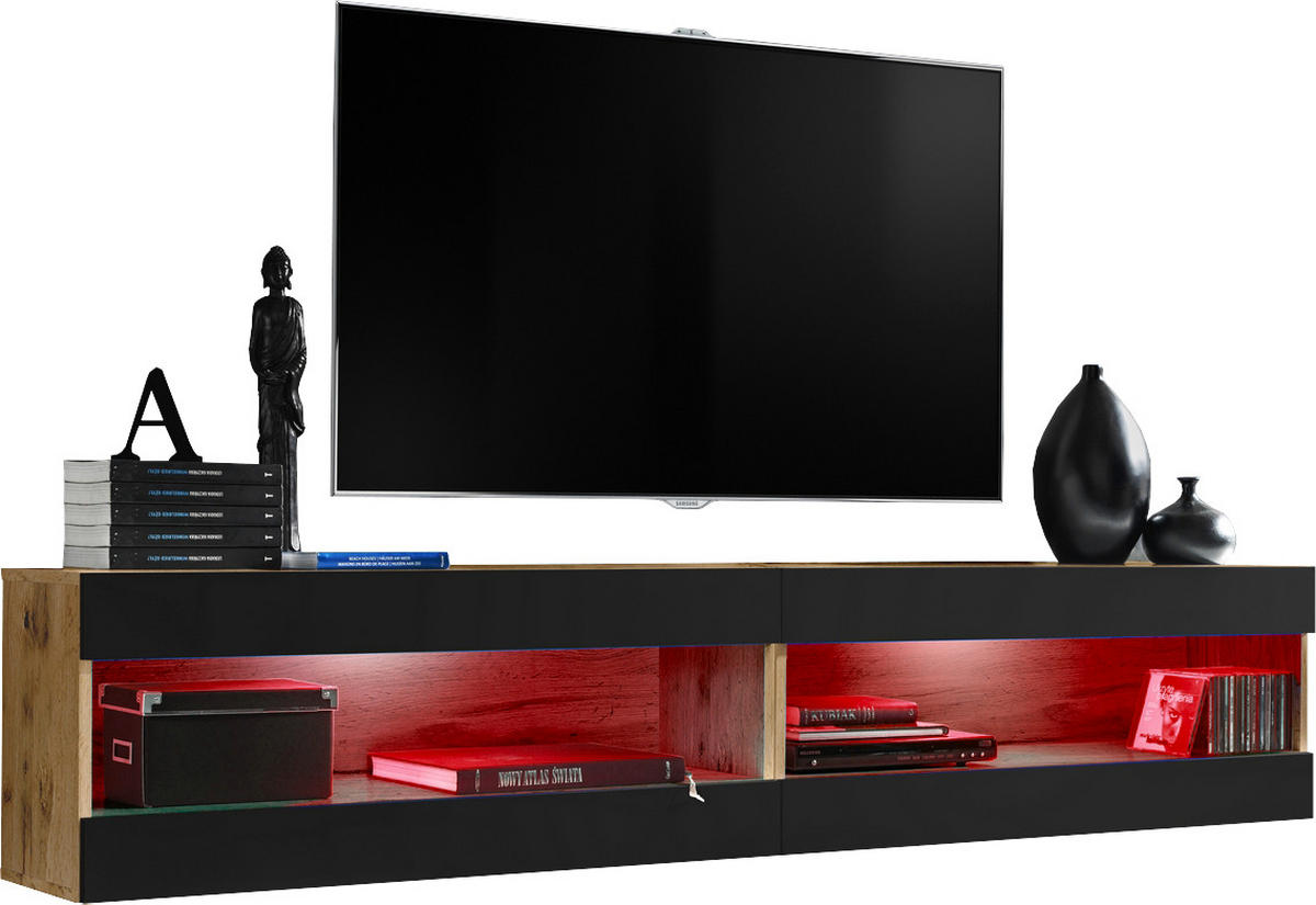 WOHNWAND 2-er Set, TIVOLI SET4 mit mehrfarbige LED RGB Beleuchtung Wotan + Schwarz, Offener Raum - Eiche Wotan/Schwarz, Glas/Holzwerkstoff (200/41/35cm) - Komodee
