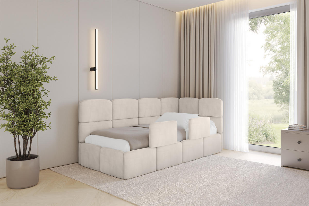EINZELLBETT Jugendbett mit Bettkasten, Links - KIVY 90x200 Beige - Beige, Holzwerkstoff/Textil (90/200cm) - ALTDECOR