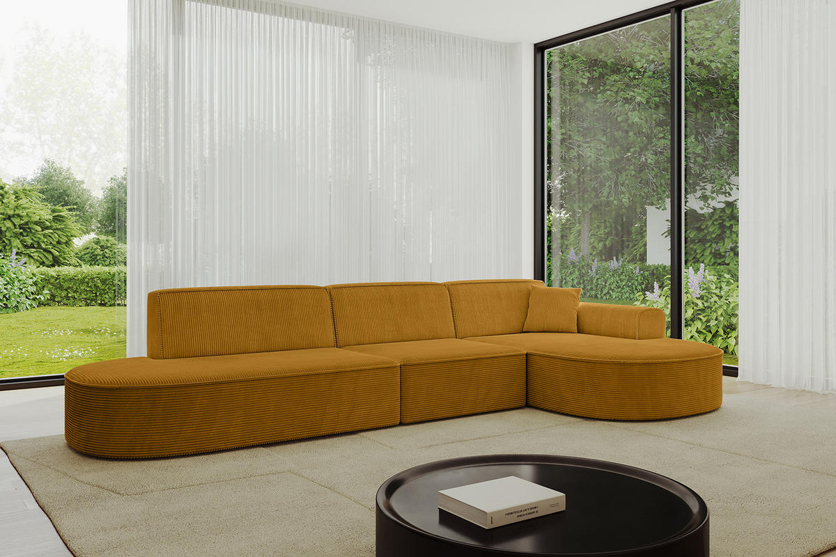 ECKSOFA Ottomane Rechts MARI-L2 - 317x163x73,5 cm Senfgelb Cord - Gelb/Schwarz, Holzwerkstoff/Kunststoff (317/163cm) - ALTDECOR