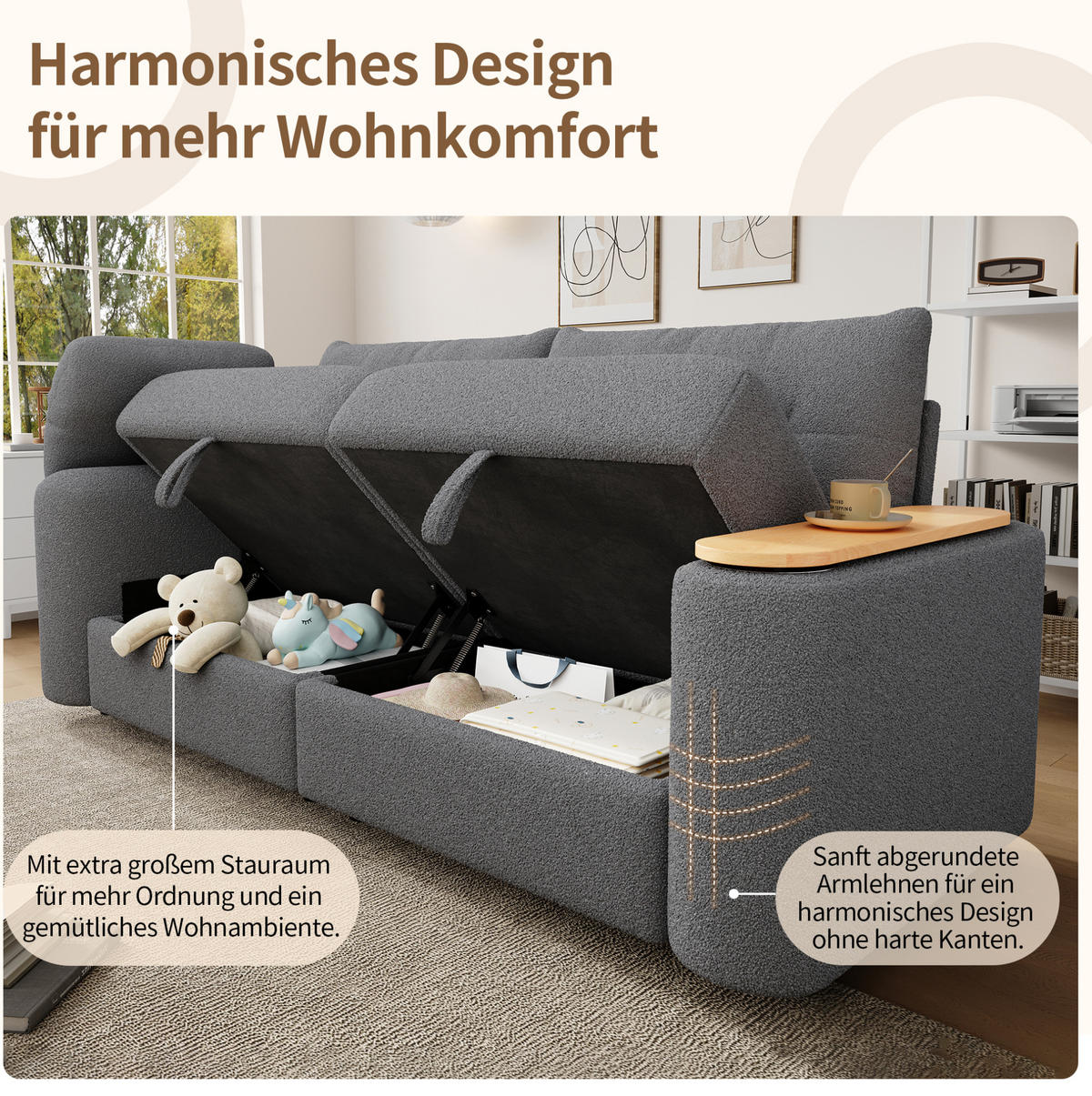 SOFA modular mit Stauraum 207,5 x 80 x 87 cm Teddy Grau 2-Sitzer - Grau, Textil (207.5/87/80cm) - IVMEU