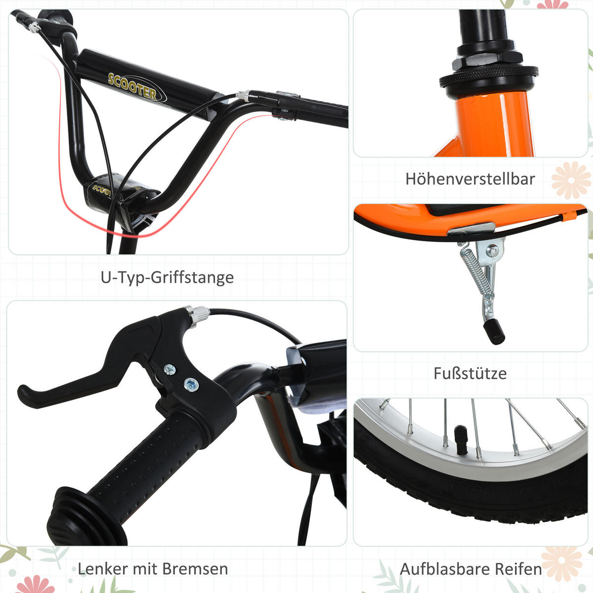 KINDERROLLER ab 5 jahre Scooter Cityroller Kinder Luftreifen verstellbar Orange - Orange, Metall (135/58/88cm) - HOMCOM