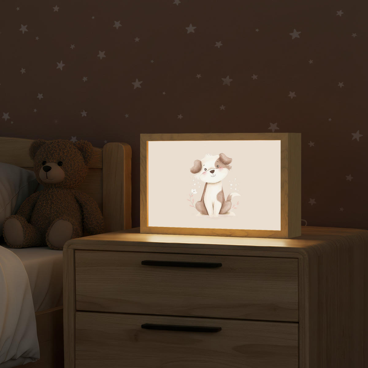 NACHTTISCHLAMPE Hund - Gefleckt - Braun 30x20 cm - Beige, Holzwerkstoff (8/30/20cm)