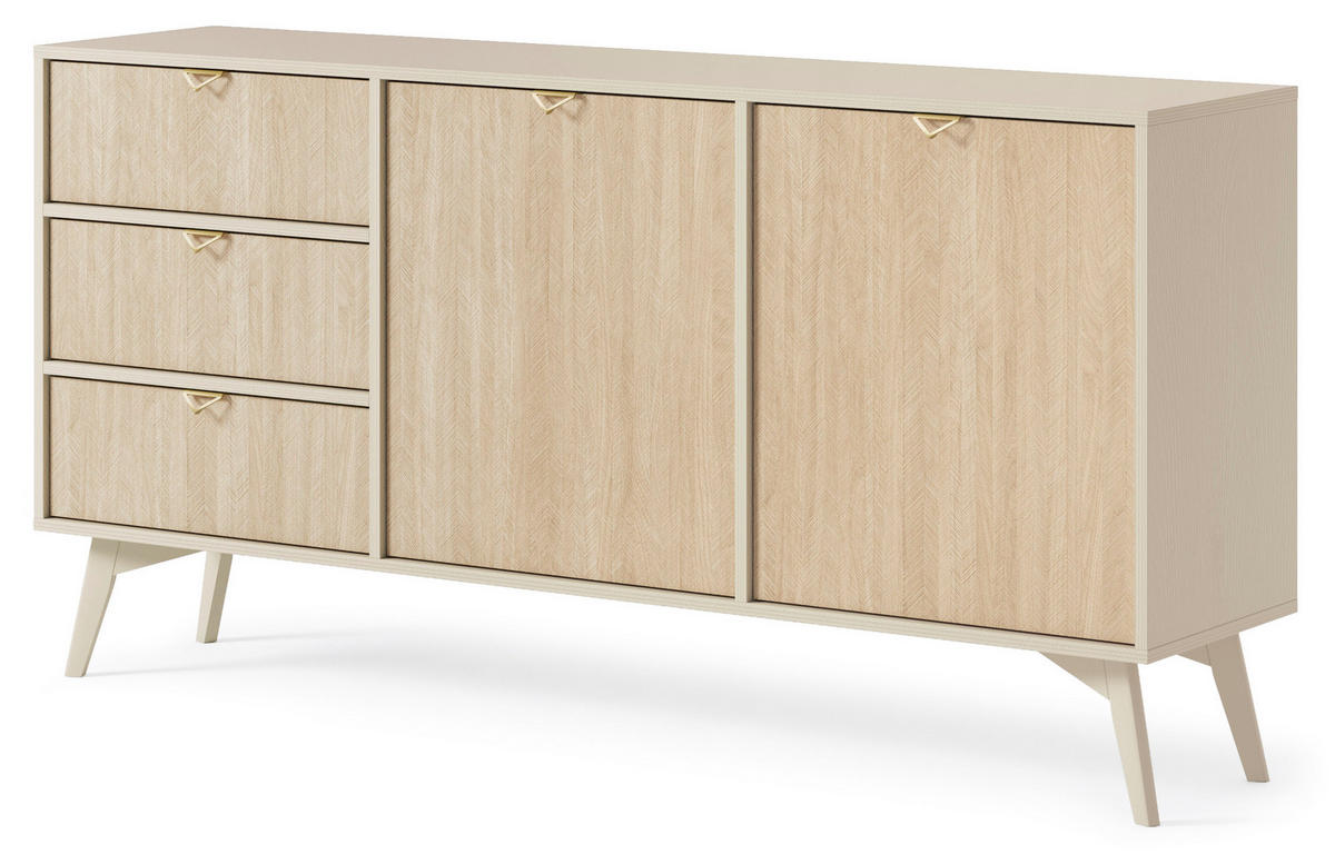 KOMMODE : Sandbeige/Skandi-Fischgrätmuster, Sandbeige Holzbeine, 158 x 80 x 38cm - Beige, Holzwerkstoff (158/80/38cm) - 3XE LIVING