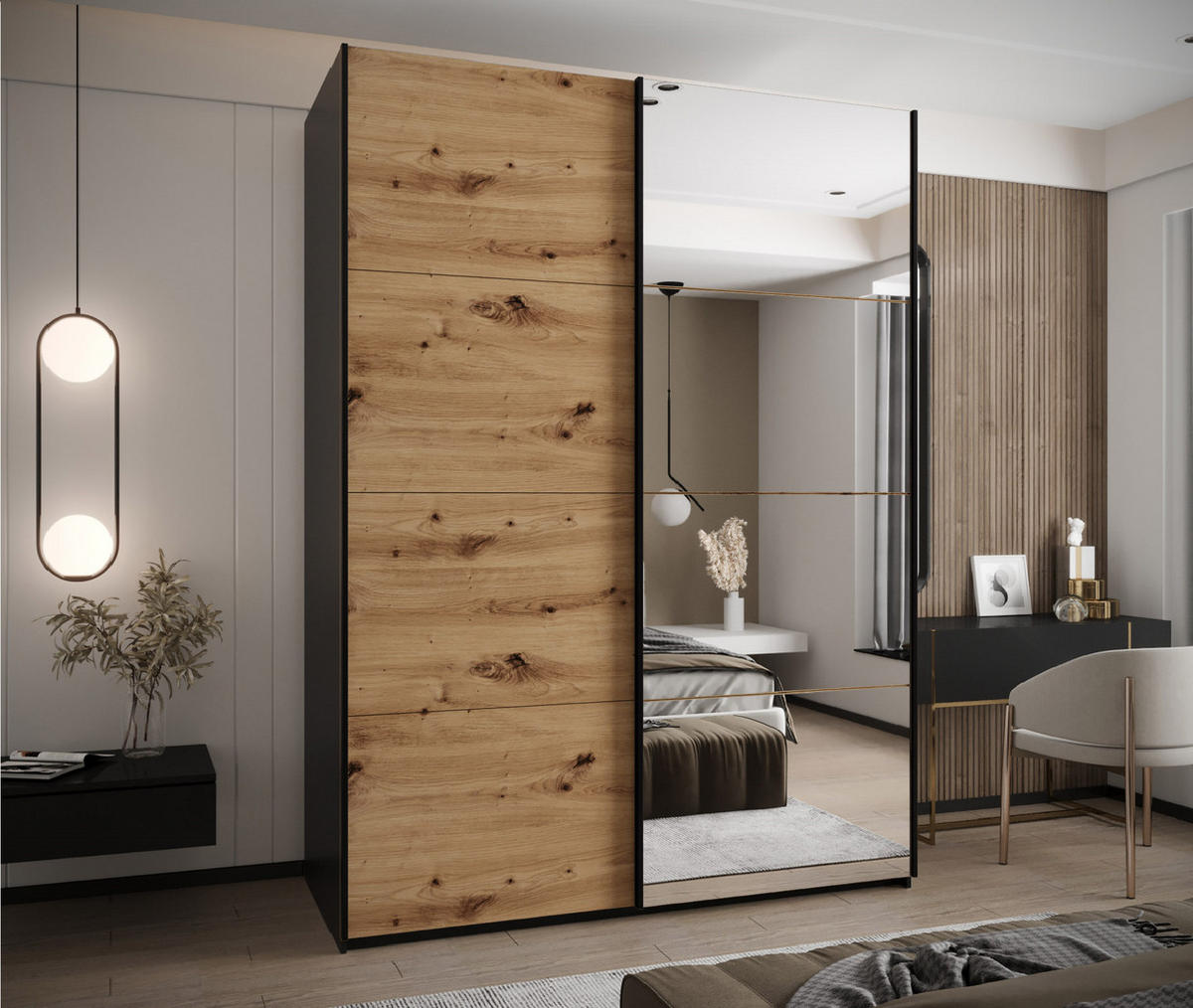 SCHWEBETÜRENSCHRANK 245,5/190/64 2-türig - Schwarz/Eiche Artisan, Holz/Metall (190/245/64cm) - Abiks Möbel