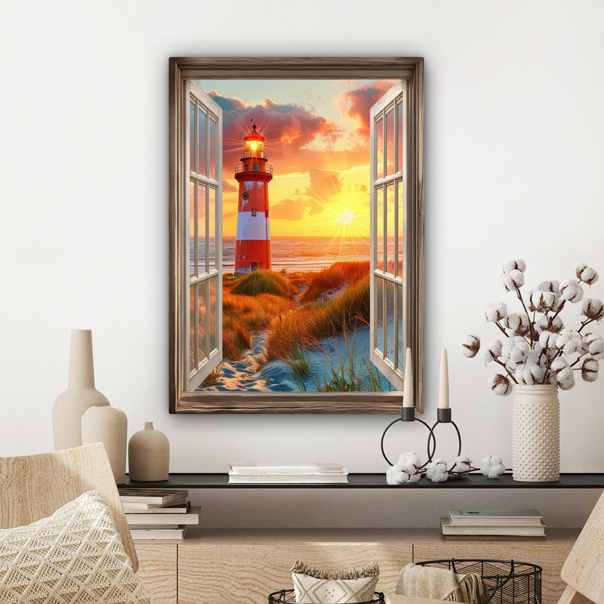 LEINWANDBILD Aussicht - Fenster - Leuchtturm - Sonnenuntergang - Strand Wandbild Wohnzimmer 60x80 cm - Dunkelorange, Textil (60/80cm) - MuchoWow