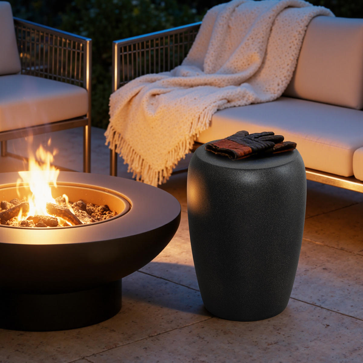 BEISTELLTISCH für den Außenbereich, 50 cm, rund, Struktur aus Zement im Travertin-Stil - Schwarz Hochglanz, Kunststoff (35/35/49.5cm) - Hometopia