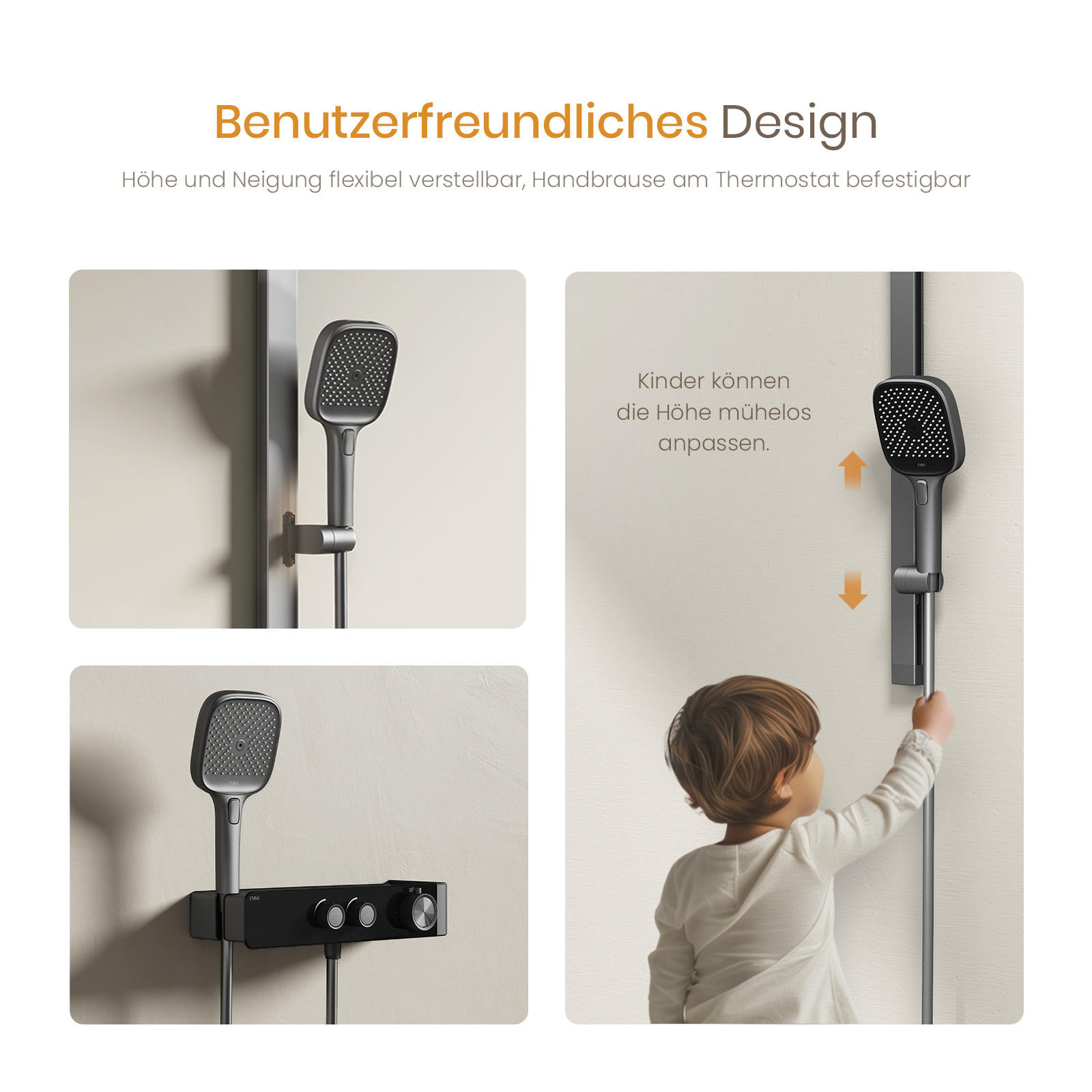 ÜBERKOPFBRAUSESET mit Zweiwege-Thermostatmischer Handbrause Anthrazit Matt - Anthrazit, Metall (35.5/115/15cm) - EMKE