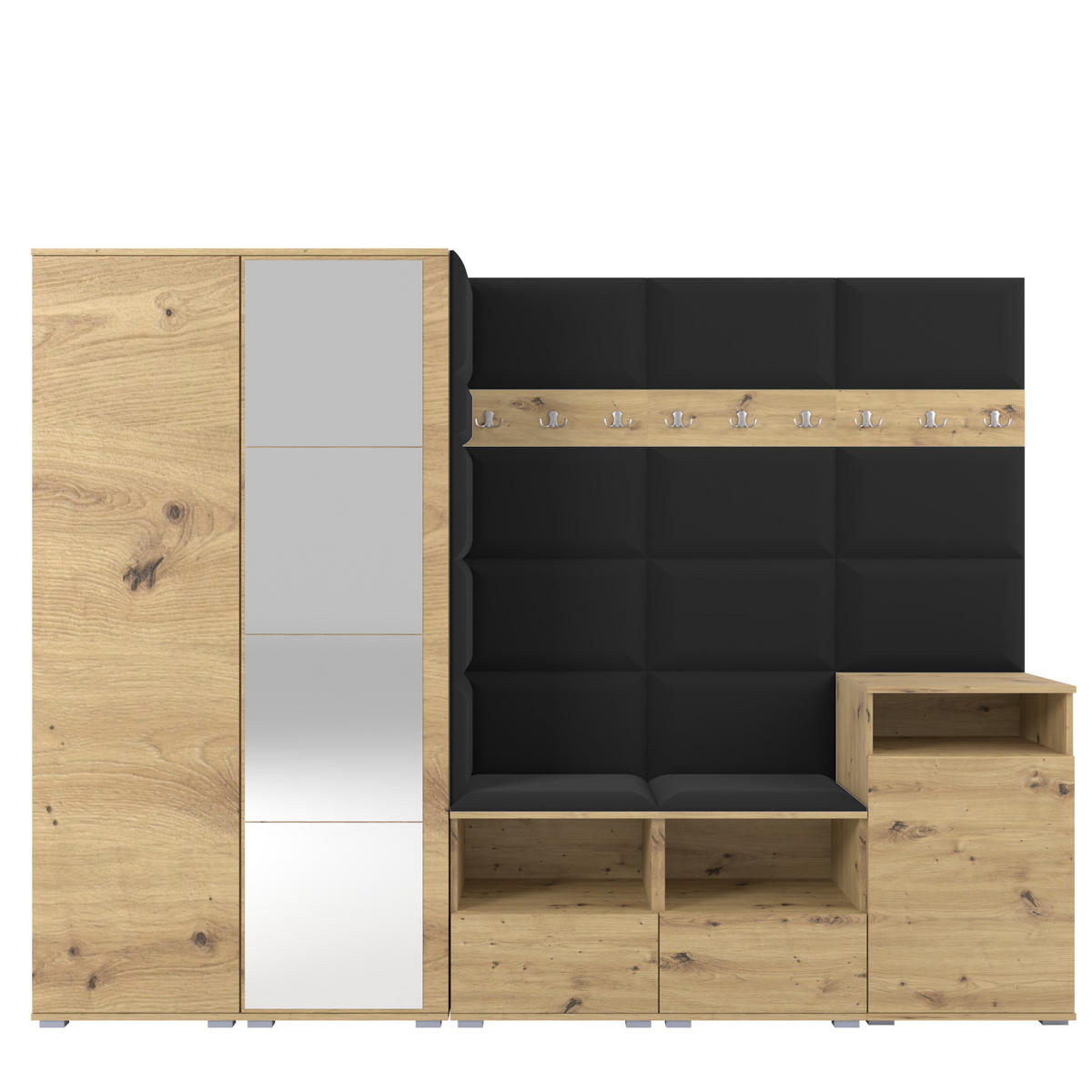 GARDEROBE NELA VIII 250 cm (Modulare Flurmöbel Artisan Eiche mit Spiegel & Sitzpolster Schwarz 16 Set XL) - Silberfarben/Schwarz, Holz/Holzwerkstoff (250/187/40cm) - Ravio