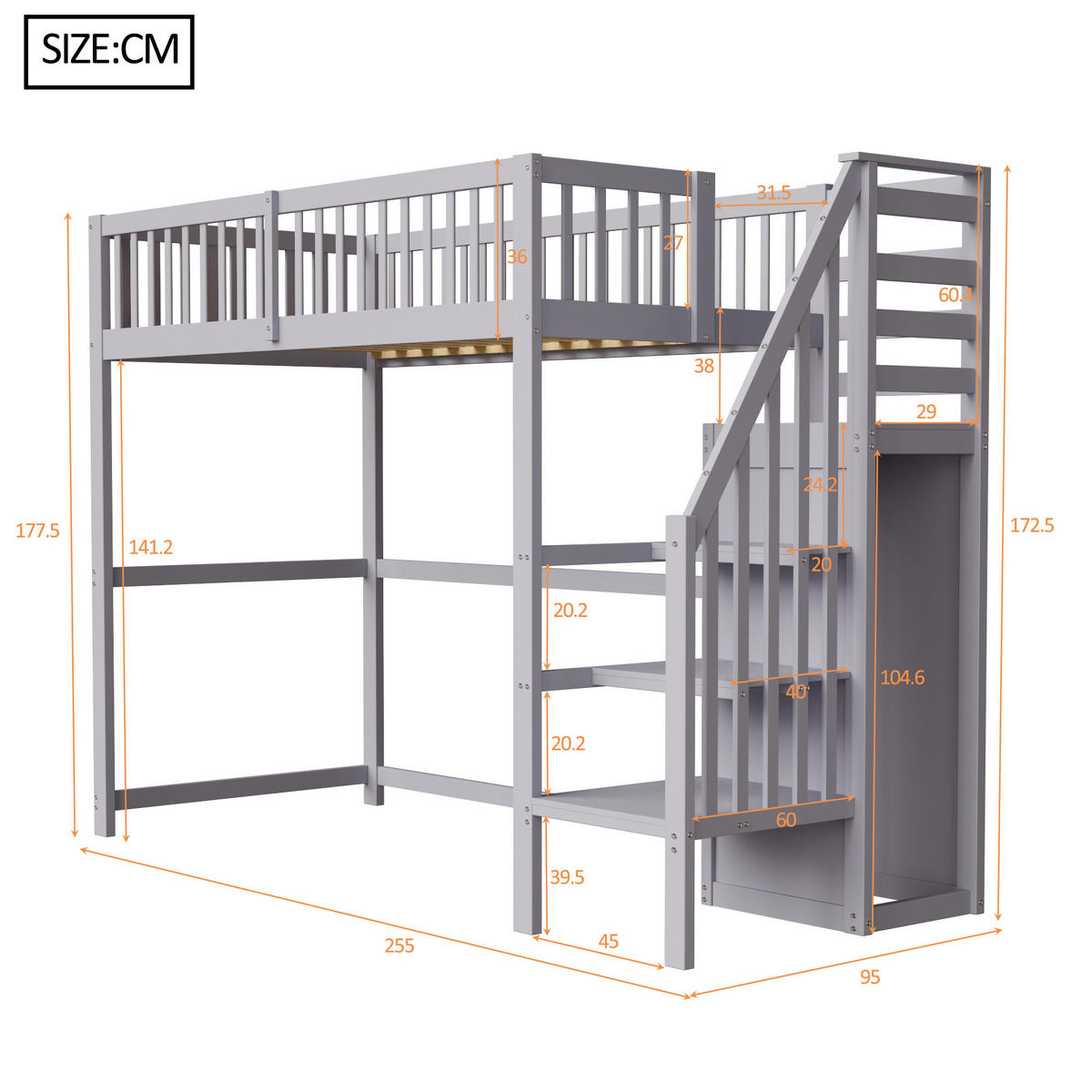 KINDERBETT aus Holz 90x200 cm in Grau mit Treppe & Kleiderschrank - Grau, Holz (90/200cm) - Modfu