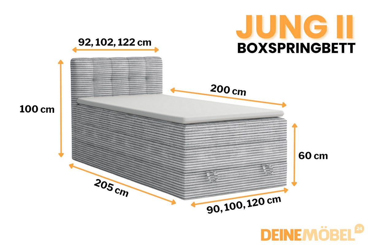 BOXSPRINGBETT JUNG 2 100/200 Cord Hellgrau mit Matratzen H3 + H4 - Hellgrau, Holz/Holzwerkstoff (100/200cm) - Deine Möbel 24