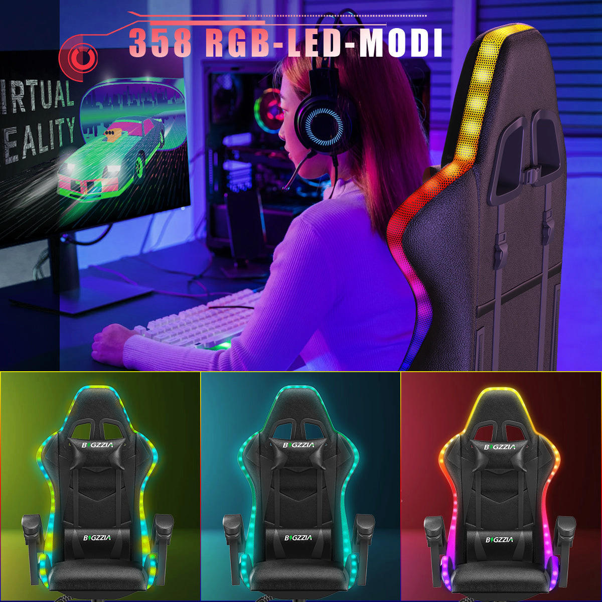 GAMING-STUHL LED, höhenverstellbar, Lenden- & Kopfstütze – Schwarz - Schwarz, Leder (53.5/117/54cm) - Rattantree