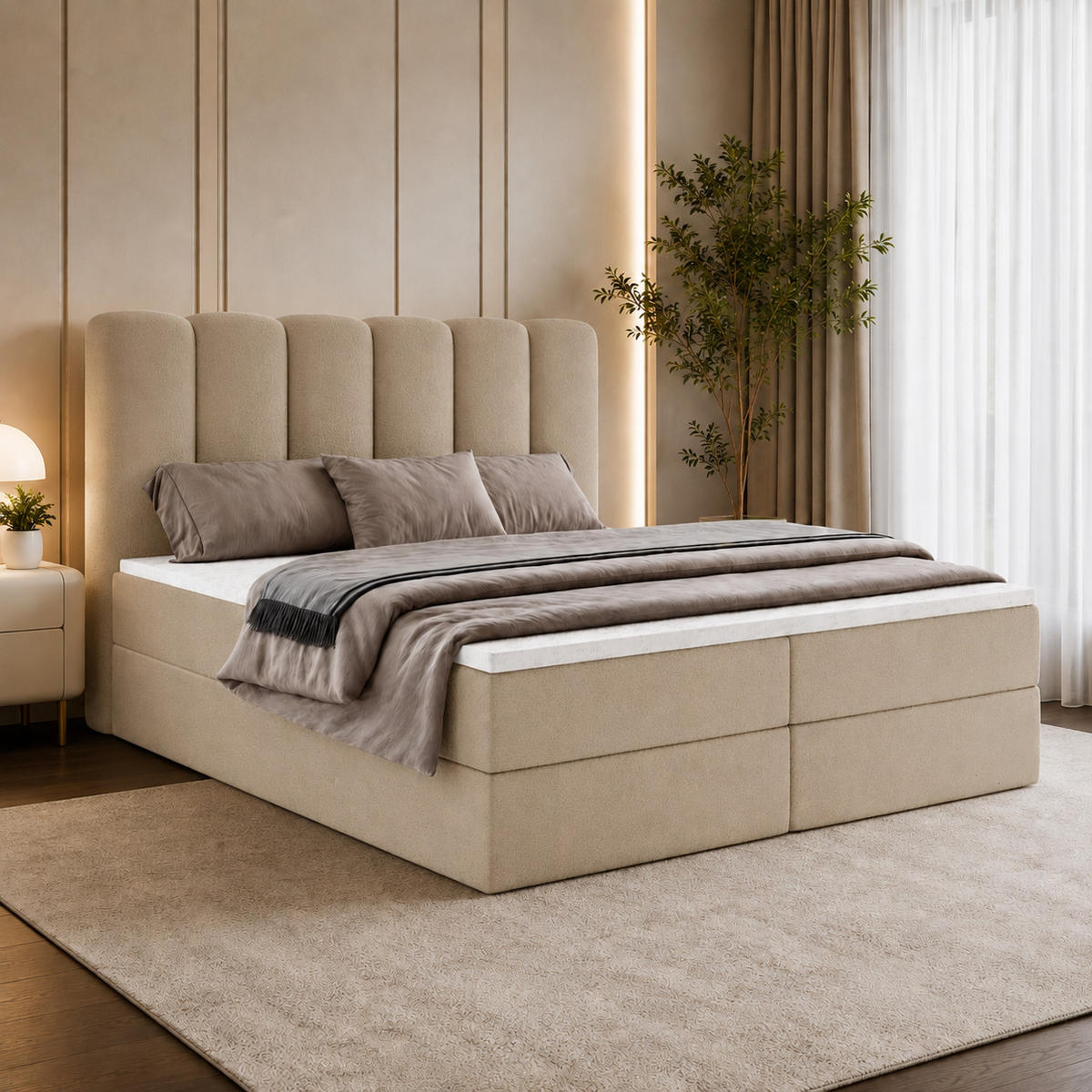BOXBET NOLARO 160x200 cm Komplett-Set mit Bettkasten, Bonell-Matratze und Topper, Bouclé Beige - Beige, Textil (160/200cm) - Luxkor24