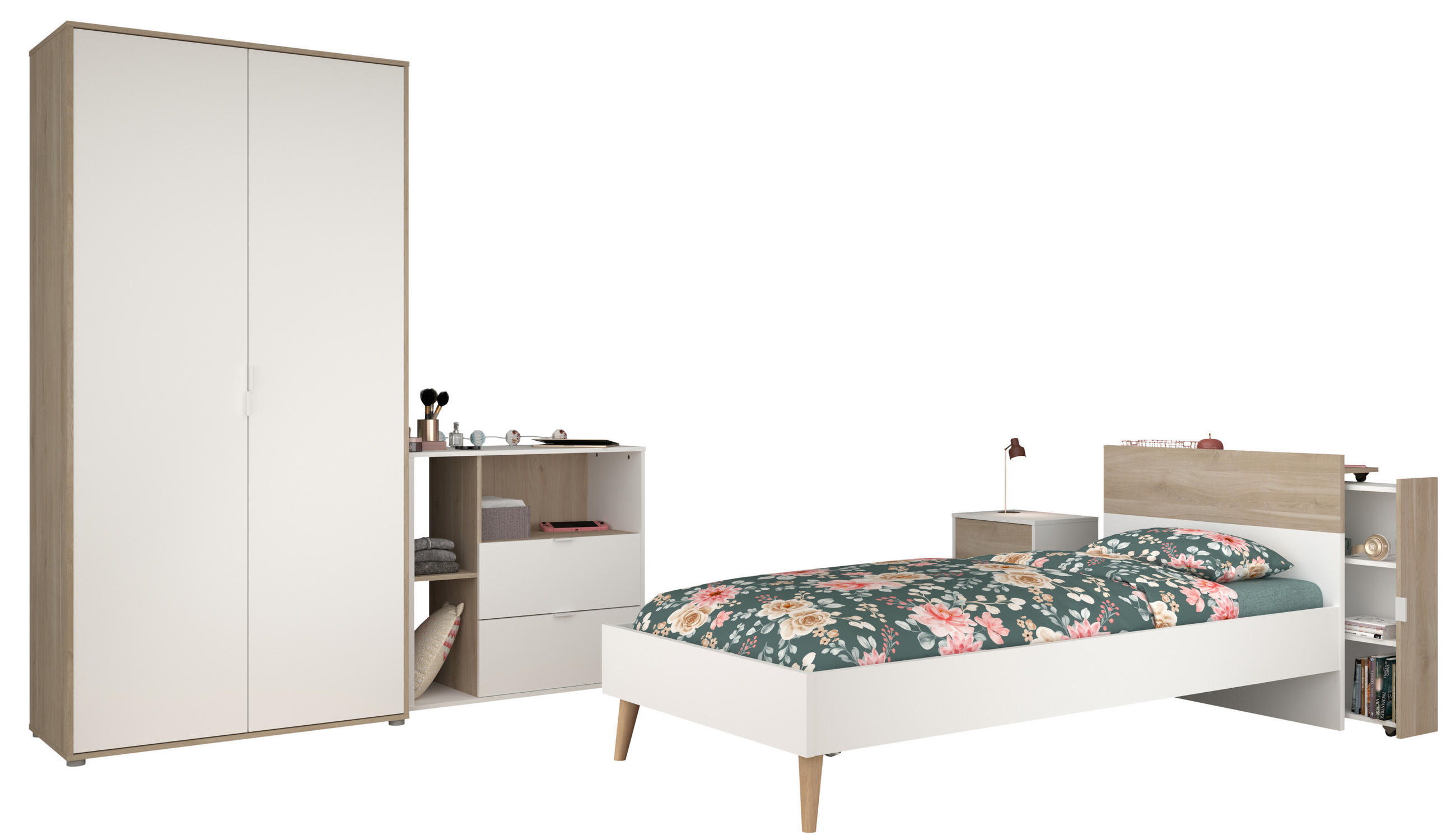 JUGENDZIMMER Aalborg 2 in Weiß und Japanischer Eiche 5 teilig - Weiß, Holzwerkstoff (120/200/80cm)