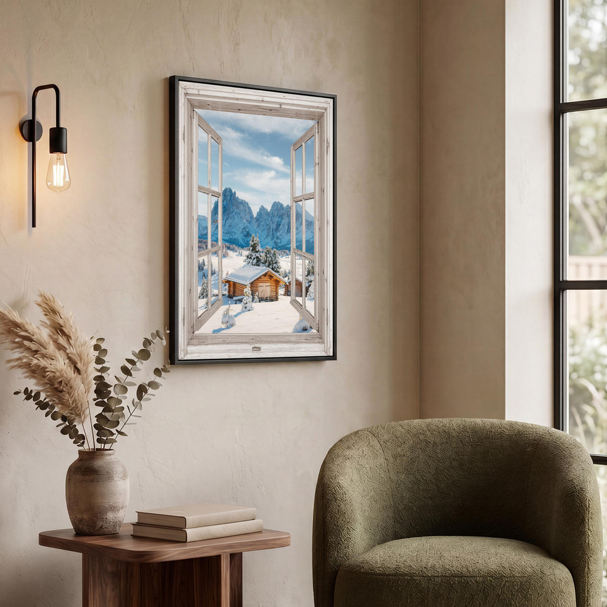 LEINWAND Bilder mit Rahmen - Winterlandschaft - Hütte - Berge - Ausblicke - Aussicht - Natur - 50x70 - Weiß Hochglanz, Textil (50/70cm) - MuchoWow