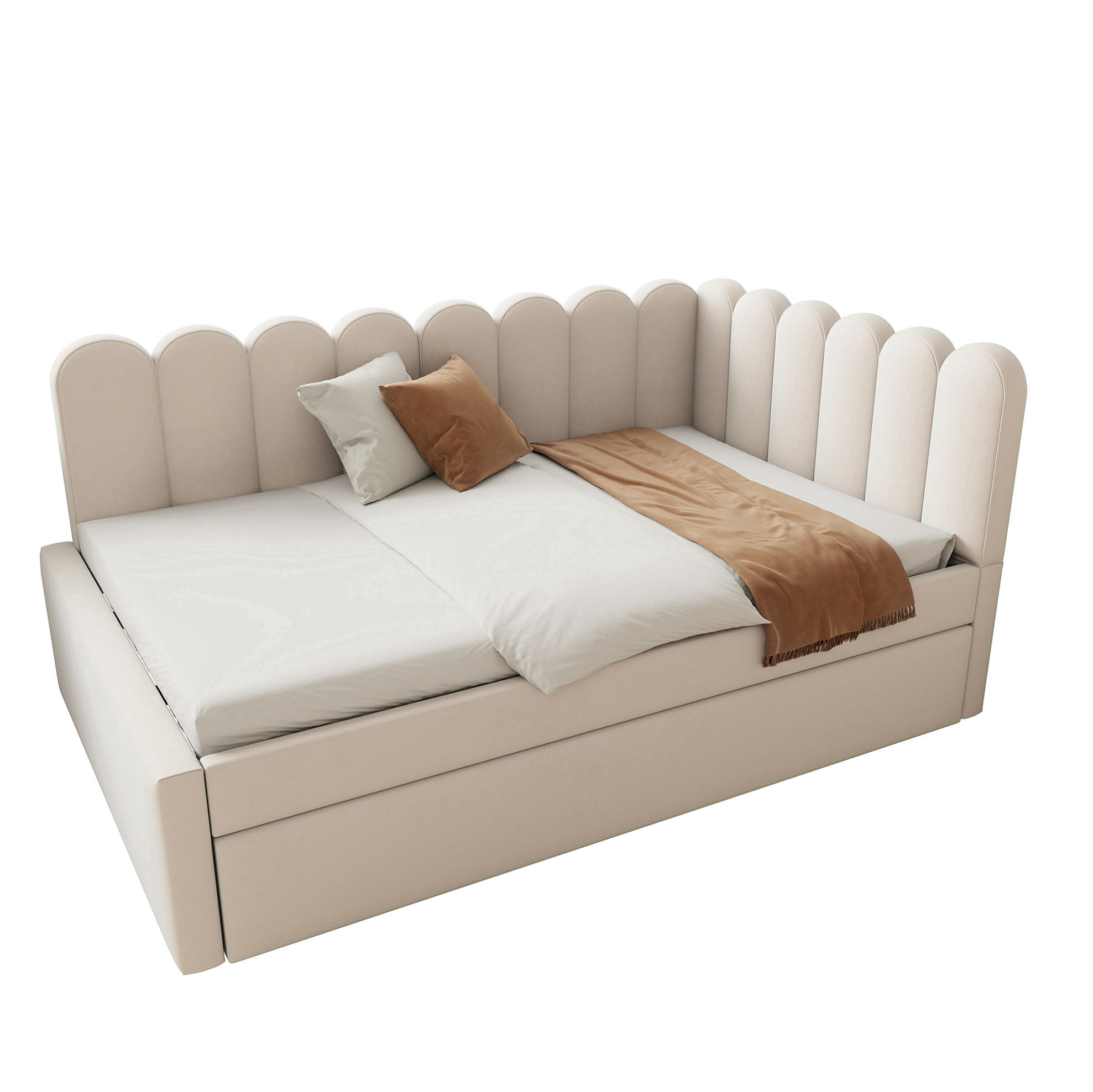 POLSTERBETT 140/200 cm mit Ausziehbett, L-Form und blütenblattförmiger Rückenlehne, Beige - Beige, Textil (140/200cm) - Redom