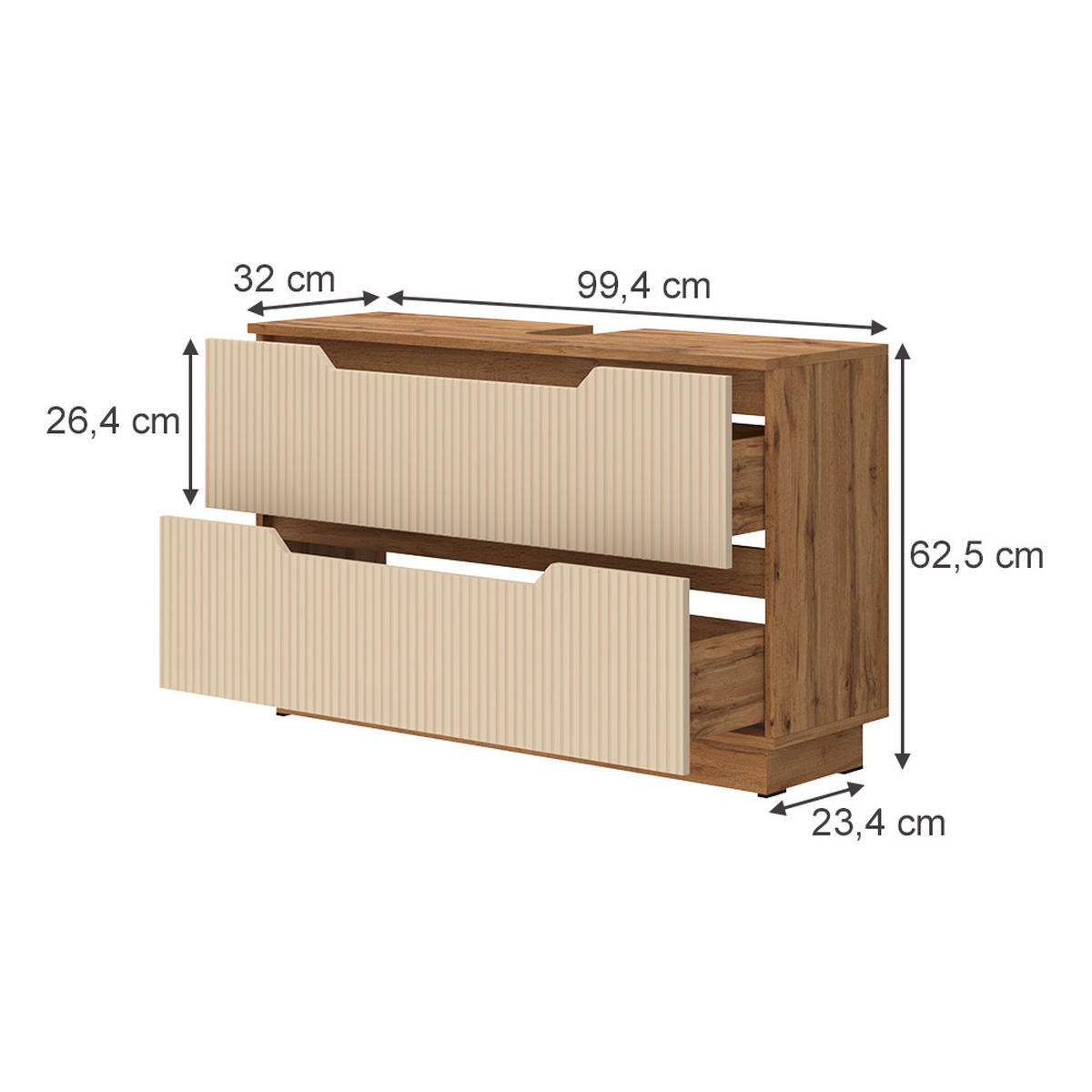 WASCHBECKENUNTERSCHRANK Lotta Eiche/Kaschmir gestreift 99.4 x 62.5 cm mit 2 Schubladen - Kaschmir/Eichefarben, Holzwerkstoff (99.4/62.5/32cm) - Vicco