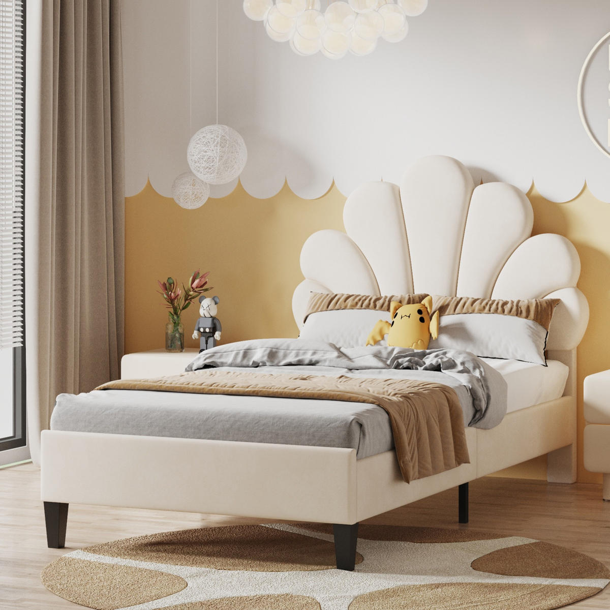 POLSTERBETT 90x200 cm Petal Dreams mit blumenförmigem Kopfteil, höhenverstellbar, Samt, Beige - Beige, Textil (90/200cm) - DELFA