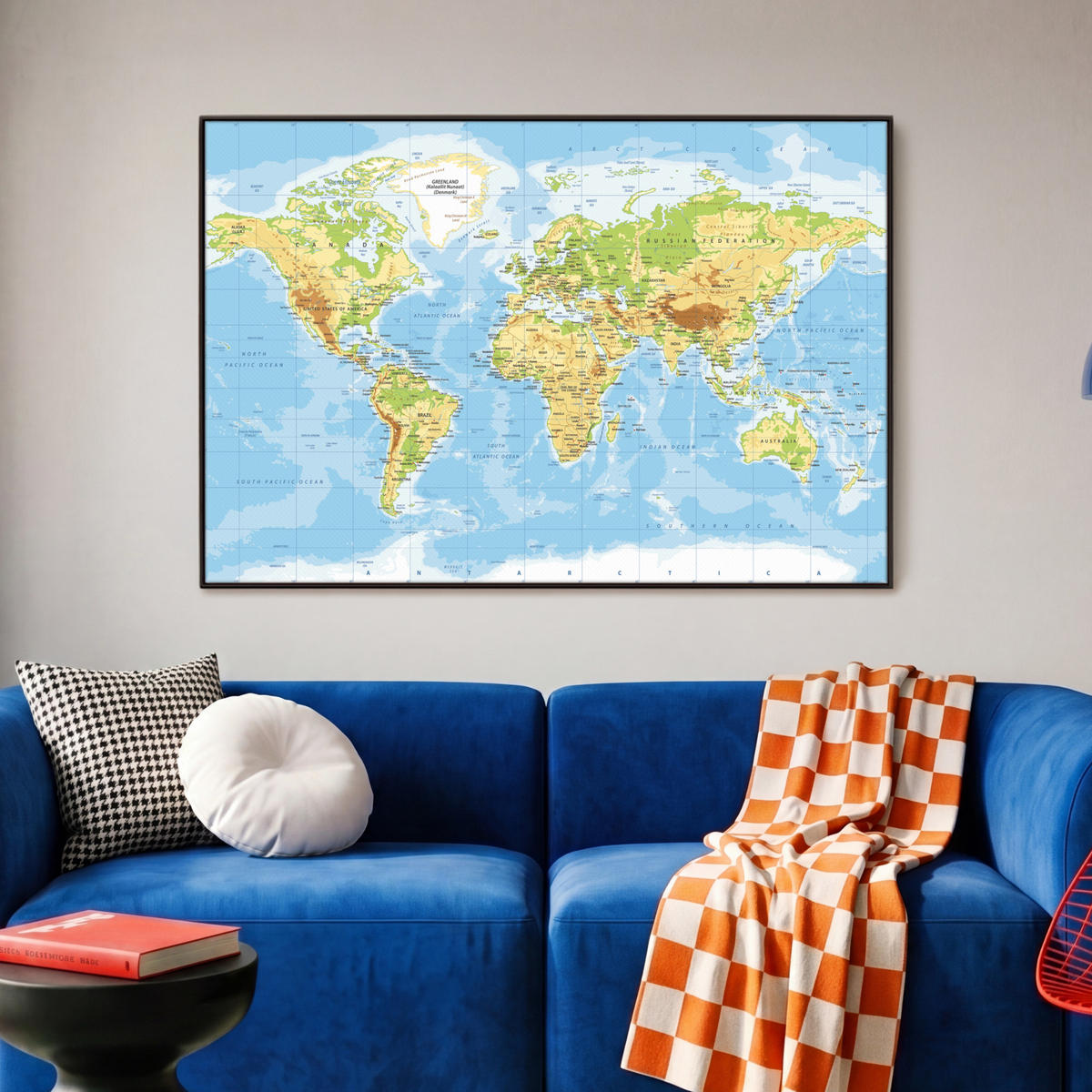 LEINWAND Bilder mit Rahmen - Weltkarte - Statistisch - Blau - Erde - Bildung - 90x60 - Blau, Textil (90/60cm) - MuchoWow