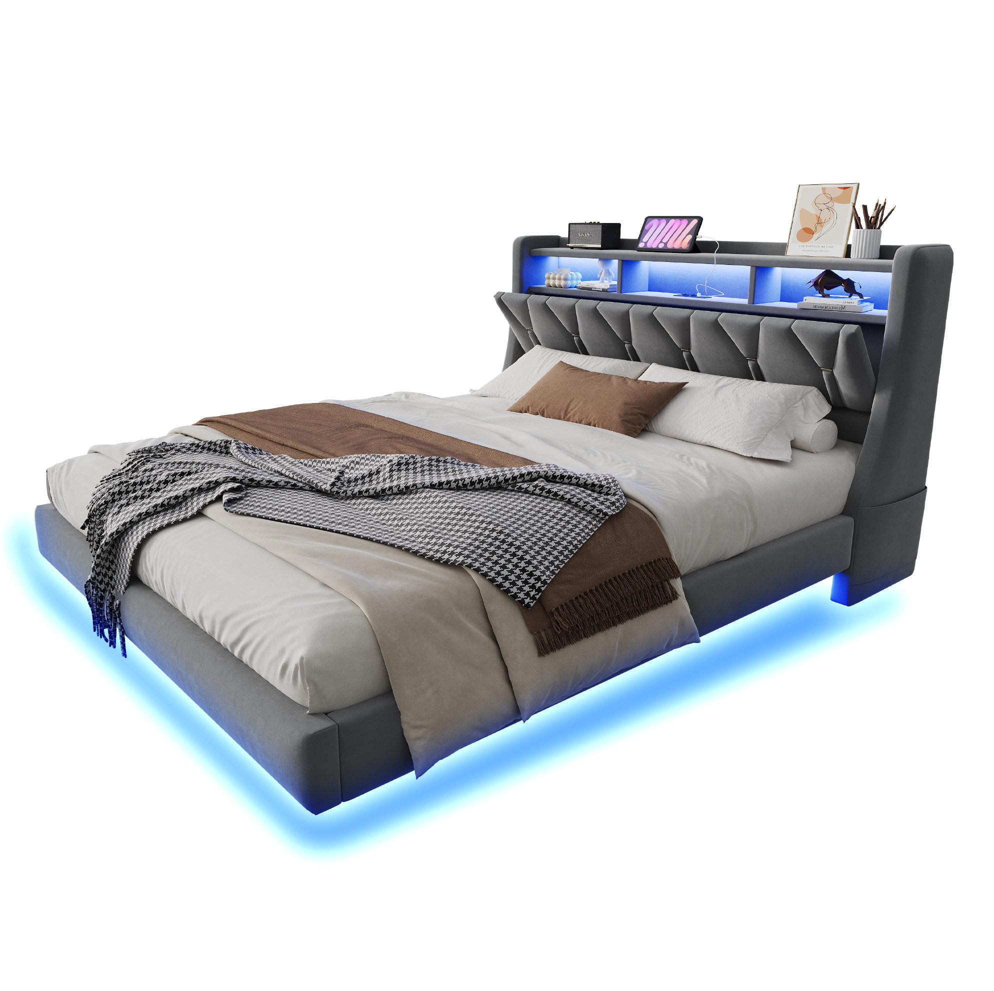 ČALOUNĚNÁ postel 180/200 cm šedá z sametu s LED osvětlením, USB a úložným čelem - šedá, kompozitní dřevo (180/200cm) - OKWISH