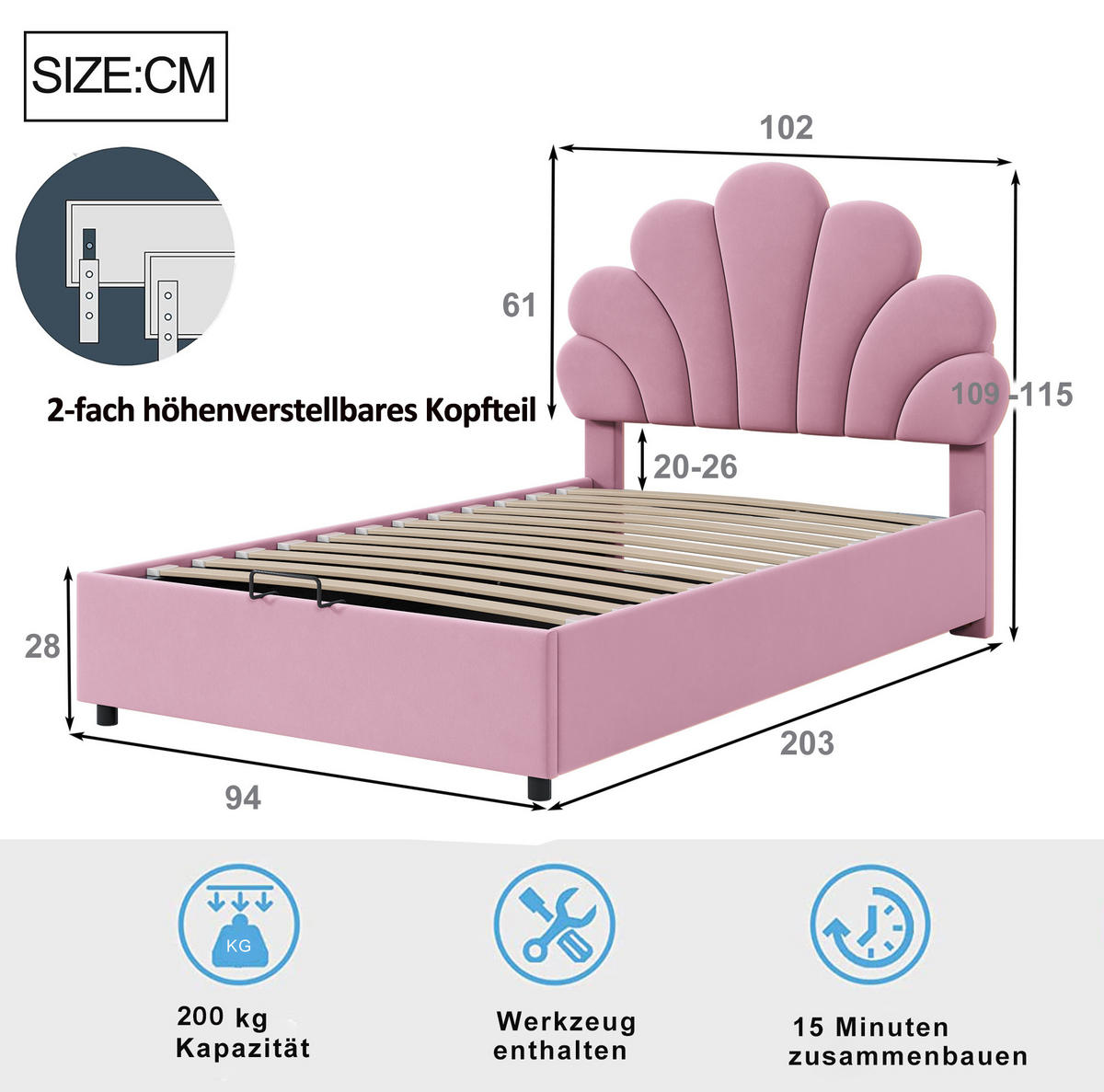KINDERBETT Polsterbett 90/200 cm aus Samt mit floralem Kopfteil und hydraulischem Stauraum Rosa - Rosa, Textil (90/200cm) - Modenvie