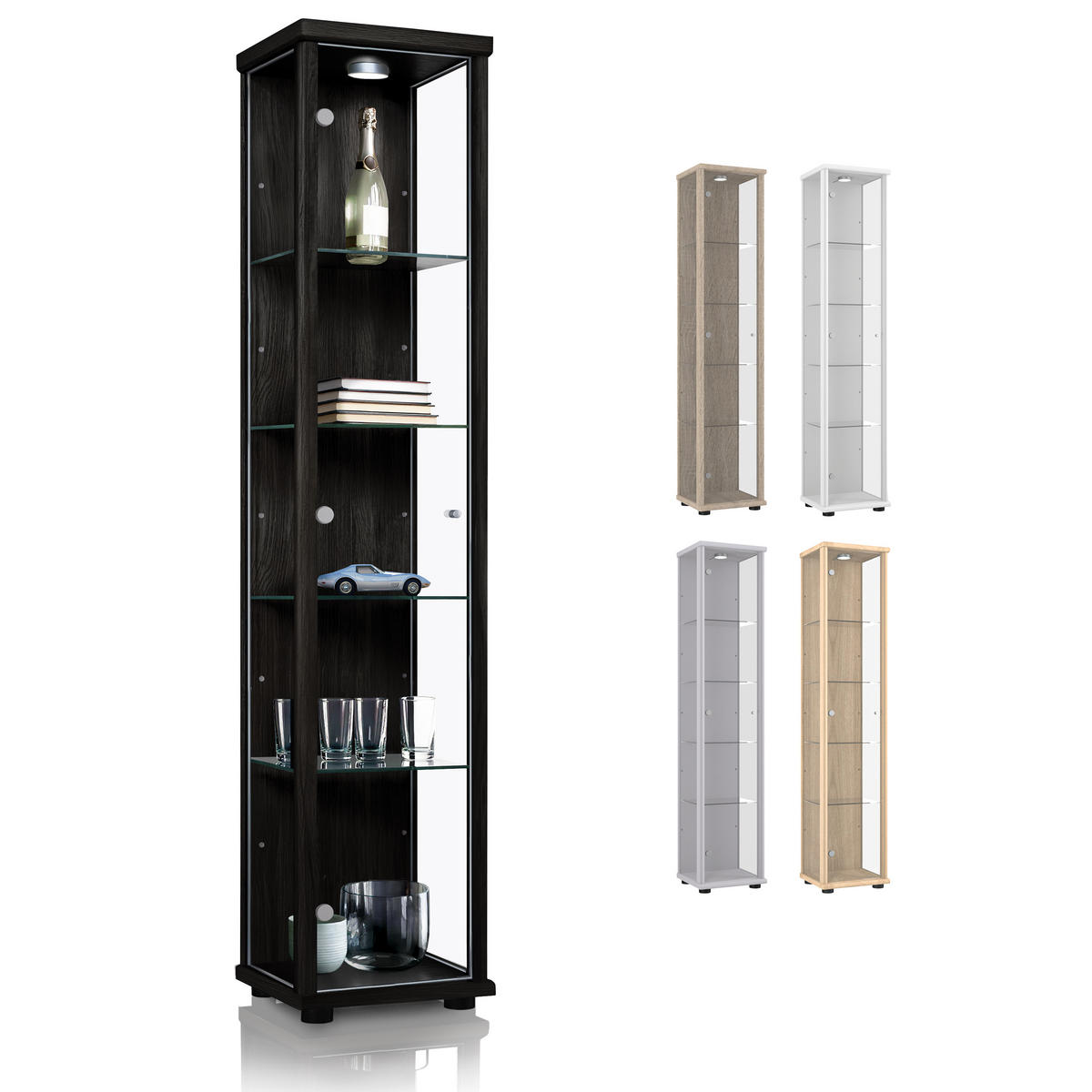 GLASVITRINE 33/37/176 cm mit LED & 4 höhenverstellbaren Glasböden - Transparent/Silberfarben, Glas/Holzwerkstoff (37/176/33cm) - K-Möbel