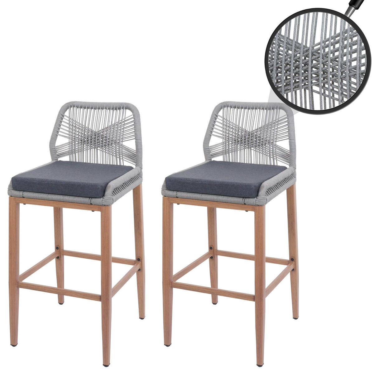 GARTENSTUHL 2er-Set HxBxT 101x45x50cm Sitzhöhe 76cm Hellgrau Kissen Dunkelgrau Seilgeflecht Metall Holz-Optik - Hellgrau, Metall (45/101/50cm) - PROREGAL