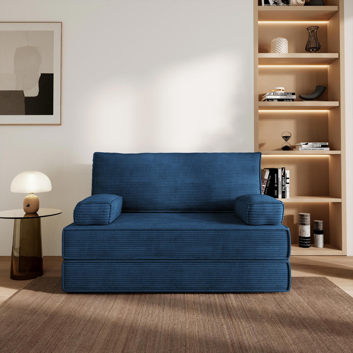 BETTSOFA LADIA aus Schaumstoff Cordstoff Blau Schlaffunktion - Blau, Textil (140/86/60cm) - MASSENO
