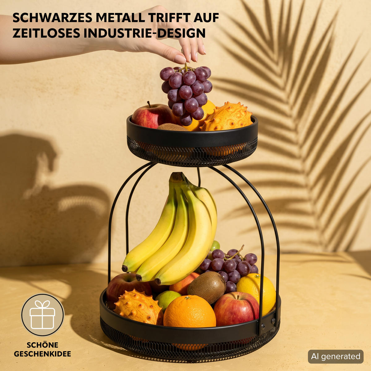 OBSTETAGERE mit Bananenhalter, schwarz, rund - Schwarz, Metall (30/38.5cm) - eluno