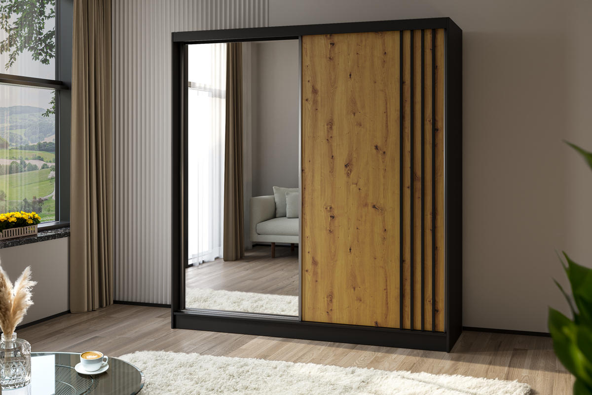 SCHWEBETÜRENSCHRANK Neli 200 cm mit Lamellen und Spiegel 2-türig, schwarz, Artisan, Lamelle schwarz - Schwarz, Kunststoff (200/216/61cm) - Margaret Hadas24
